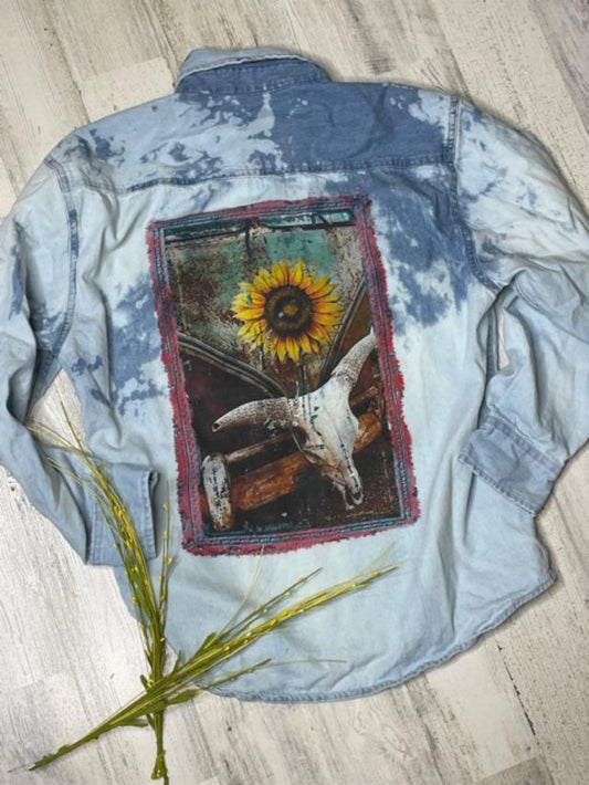 Sunflower Skull Bleached Denim Shirt with rhinestones