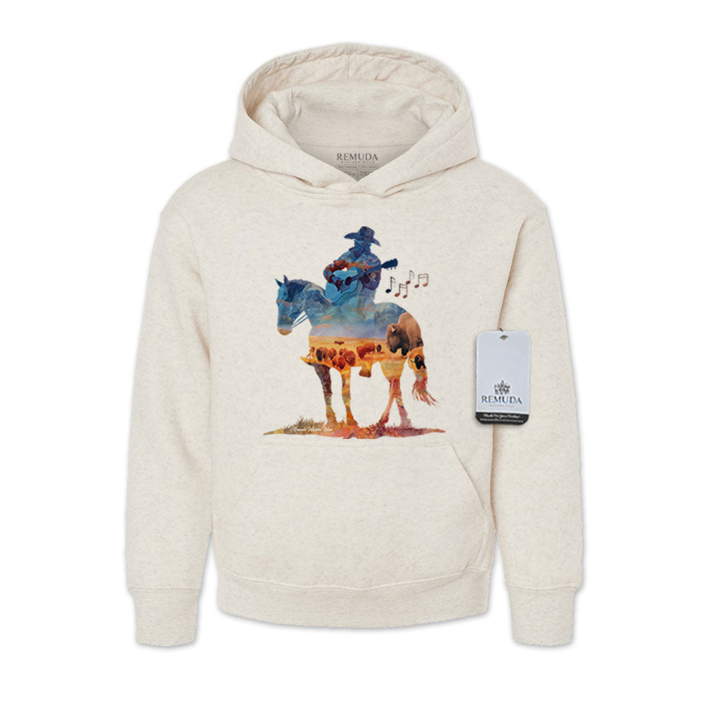 Beige hoodie with a colorful horse and rider graphic on a white background