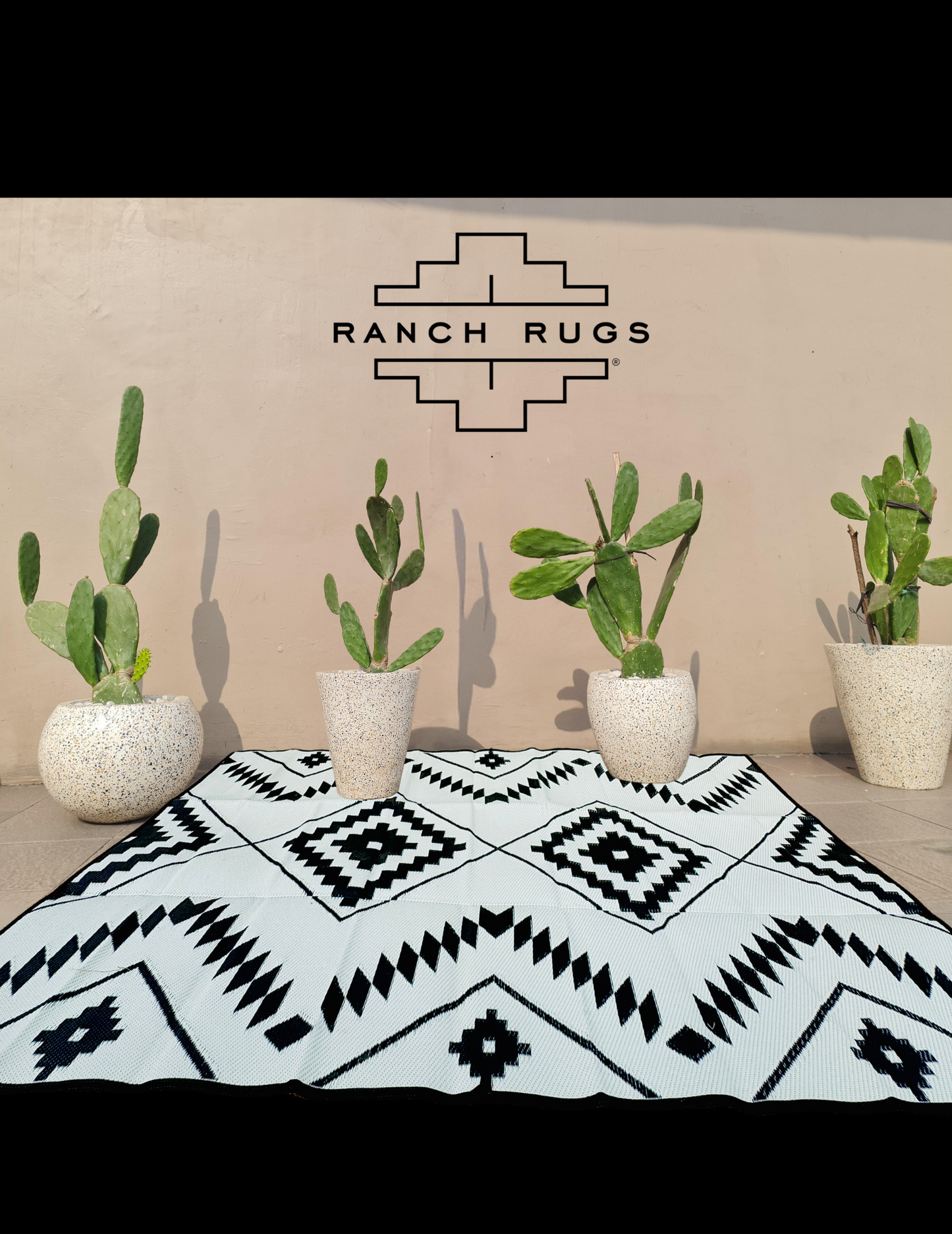 Black + Ivory - 9ft x 12ft - RANCH RUGS  -THE DAVIS - Aztec Outdoor Rug Floor Covering