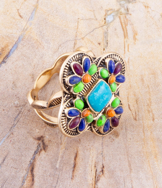 Zion Blue Turquoise Colorful Golden Cross Ring