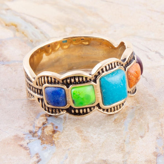 Barse Zion Blue Turquoise Colorful Golden Ring