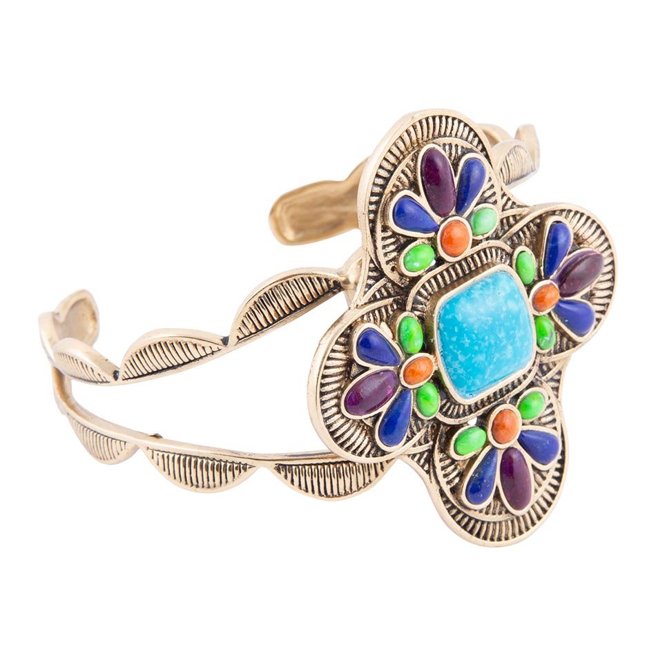 Zion Blue Turquoise Multi-Stone Golden Cuff Bracelet