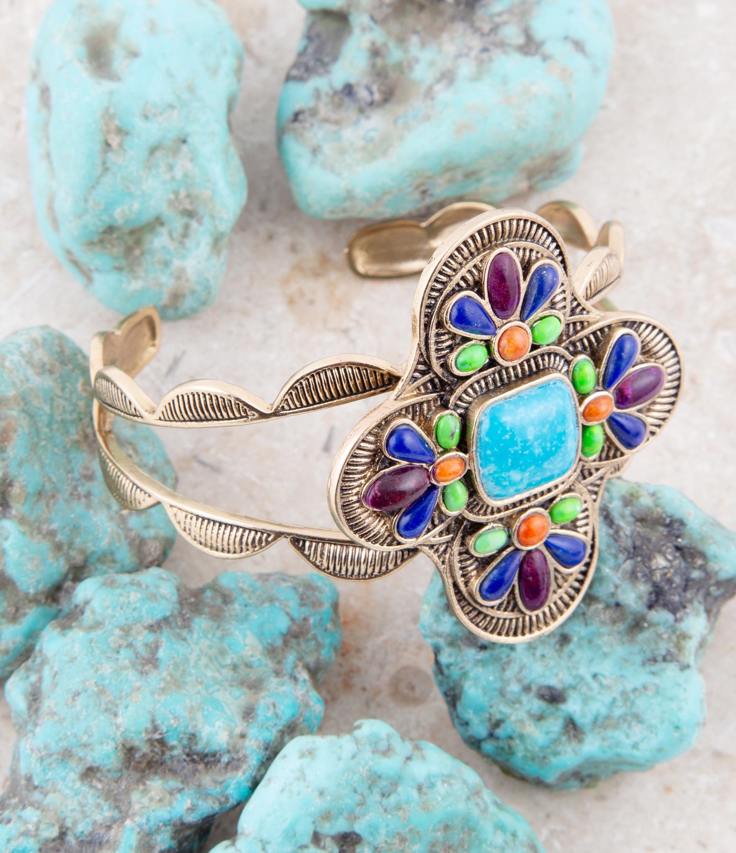 Zion Blue Turquoise Multi-Stone Golden Cuff Bracelet