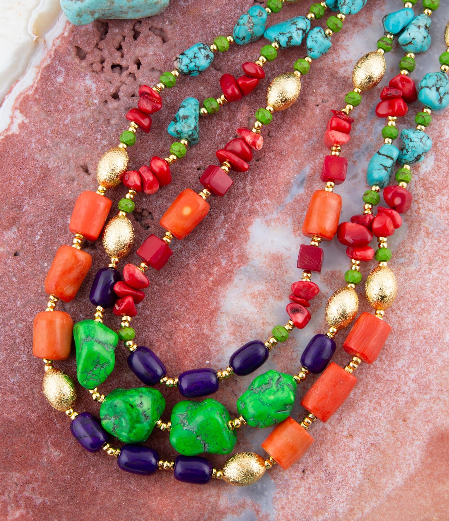 Zion Multi-Color Triple Strand Golden Statement Necklace