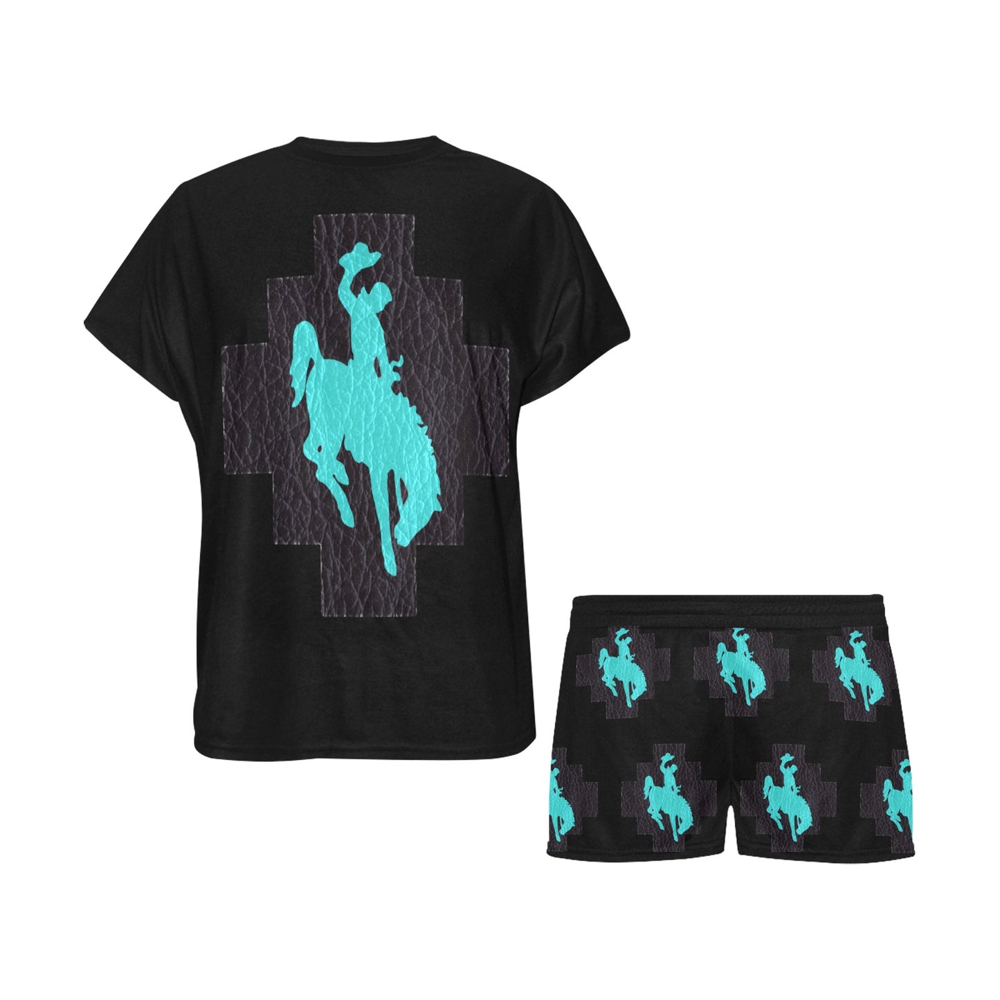 Turquoise Bronc & Leather Print Western Women's Top and Short Pajama Set