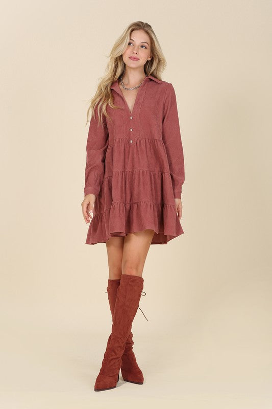 Corduroy tiered dress CHOICE OF COLORS - corduroy, dress, fall, rust, rust color, western -  - Baha Ranch Western Wear