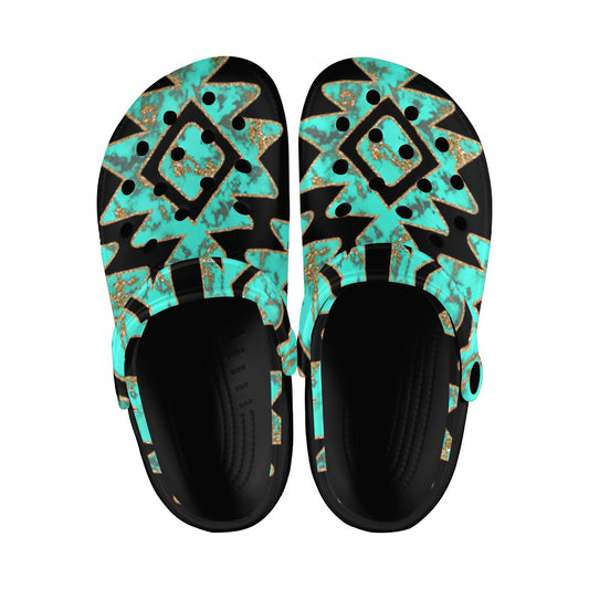 Turquoise Gold Aztec Clog Shoes