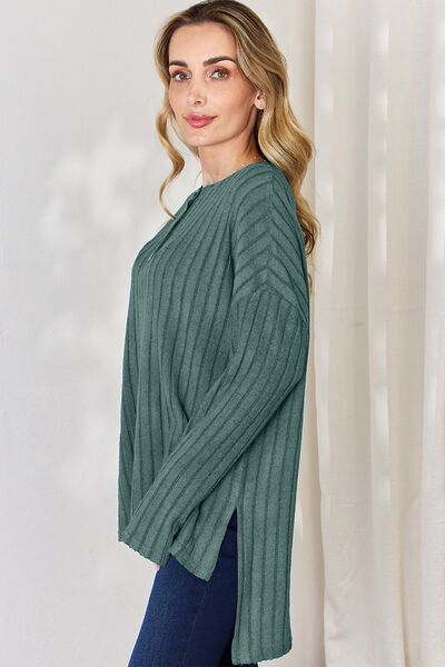 Basic Bae Full Size Ribbed Half Button Long Sleeve High-Low Tunic choice of colors