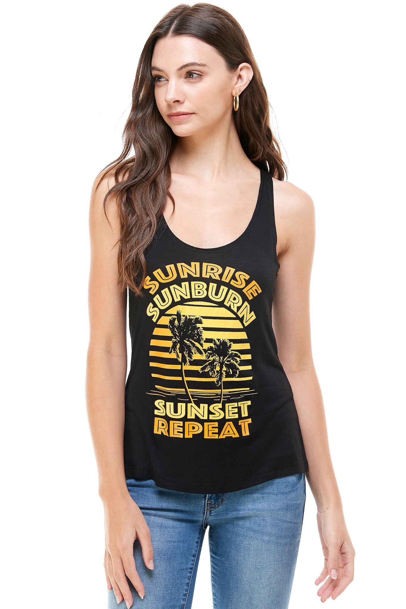 Sunrise Sunburn Sunset Repeat Tank - and, ATTITUDE, COUNTRY, countrystrong, COWGIRL, drinking, flag, GIRL, HOWDY, lips, love, moonshine, music, patriotic, peace, PLUS, rock, rocker, RODEO, roll, shine, SIZE, strong, SUMMER, TANK, TOP, WESTERN - Shirts & Tops - Baha Ranch Western Wear