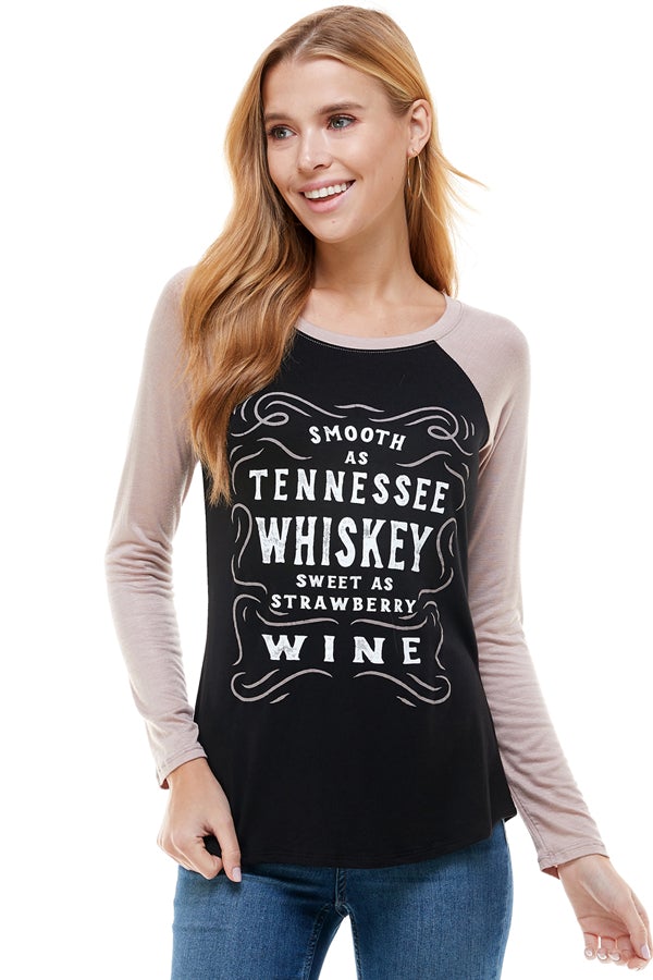 Smooth As Tennessee Whiskey  Raglan Shirt - ATTITUDE, bent, beth, bound, COUNTRY, COWGIRL, GIRL, hell, HOWDY, PLUS, rip, RODEO, SIZE, smooth, SUMMER, TANK, tennessee, TOP, TOPO, WESTERN, whiskey, yellowstone - Shirts & Tops - Baha Ranch Western Wear