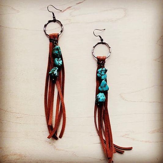 Leather Fringe Earrings with Turquoise Chunks - earring, earrings, fringe, turquoise, turquoise earrings, turquoise jewelry, turquoise stones -  - Baha Ranch Western Wear