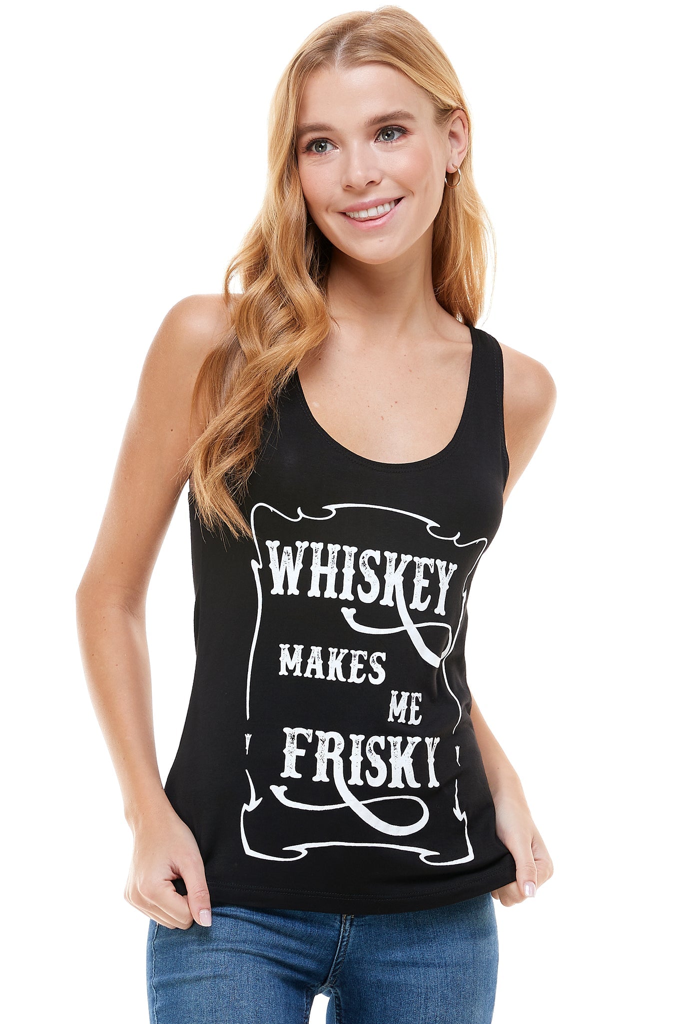 Whiskey Makes Me Frisky Tank - and, ATTITUDE, COUNTRY, countrystrong, COWGIRL, drinking, flag, GIRL, HOWDY, lips, love, moonshine, music, patriotic, peace, PLUS, rock, rocker, RODEO, roll, shine, SIZE, strong, SUMMER, TANK, TOP, WESTERN - Shirts & Tops - Baha Ranch Western Wear