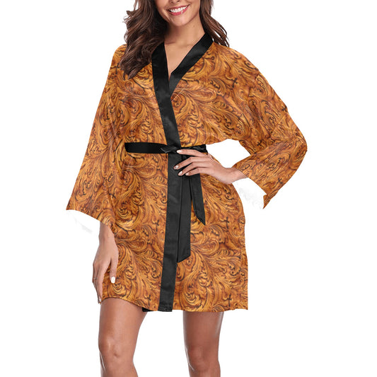 Tooled Leather Print Women's Lounge Kimono Robe