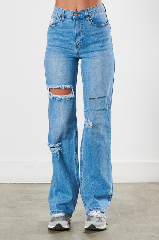 Distressed Wide Leg Jeans 32" inseam - d - Denim Jeans - Baha Ranch Western Wear