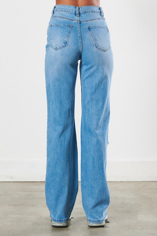 Distressed Wide Leg Jeans 32" inseam - d - Denim Jeans - Baha Ranch Western Wear
