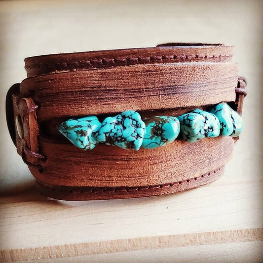 Leather Cuff With Blue Turquoise Chunks - bracelet, LEATHER, RUSTIC, turquoise, turquoise bracelet, turquoise jewelry, turquoise stone -  - Baha Ranch Western Wear