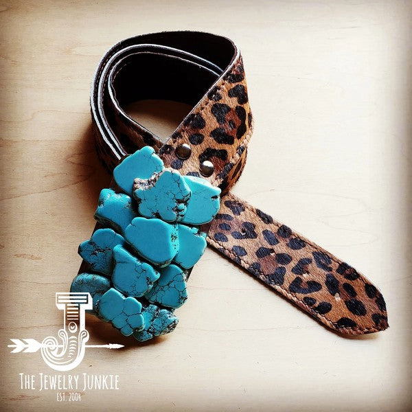 Hair Leopard Leather Belt w/ Turquoise Belt Buckle - belt, BUCKLE, conchobelt, hair on hide, SLAB, TURQUOISE, western -  - Baha Ranch Western Wear