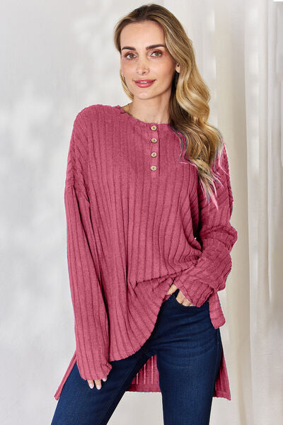 Basic Bae Full Size Ribbed Half Button Long Sleeve High-Low Tunic choice of colors