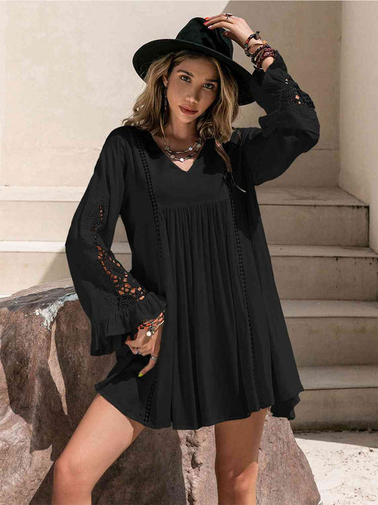Black Lace Detail V-Neck Mini Dress