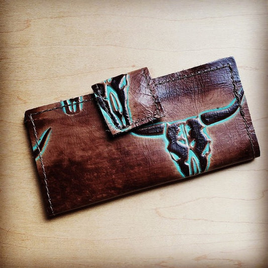 Embossed Leather Wallet In Turquoise Longhorn Steer - cow hide wallet, embossed, faux leathers, hair on hide wallet, hand, handmade, leather print, leather wallet, longhorn, longhorn bull, made in the usa, madeintheusa, MADEINUSA, tooled leather accent, tooledleather, usa, usa artisan, USAMADE, wallet, wallets -  - Baha Ranch Western Wear