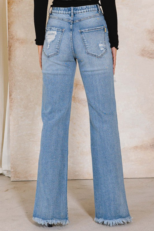 HIGH RISE DISTRESSED WIDE JEANS - denim, denim jeans, distressed denim, Jeans -  - Baha Ranch Western Wear