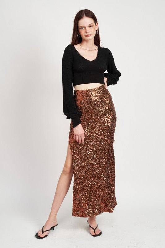 Copper Brown Sequin Maxi Skirt