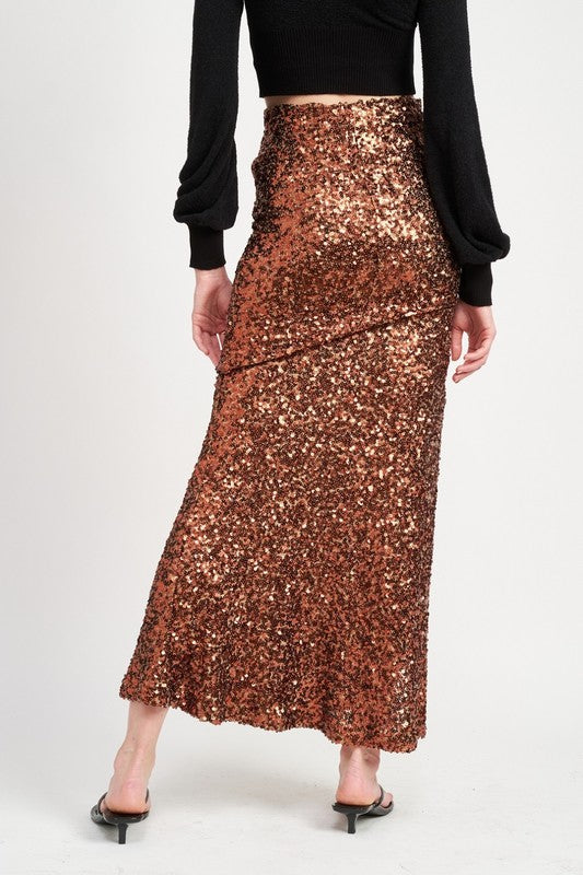 Copper Brown Sequin Maxi Skirt