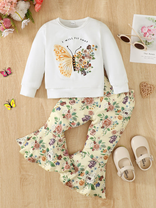 Butterfly Graphic Tee and Floral Print Flare Pants Kit