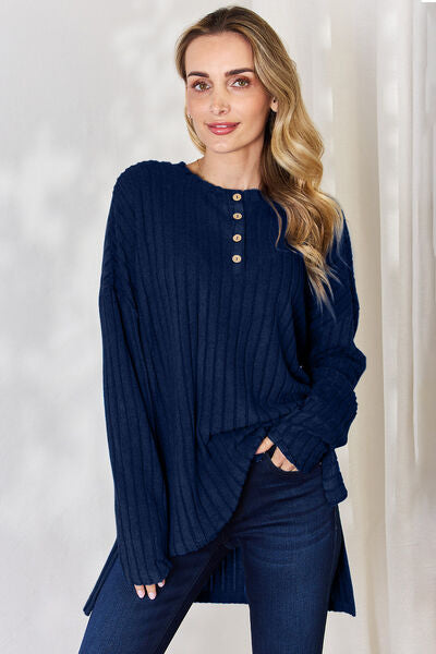 Basic Bae Full Size Ribbed Half Button Long Sleeve High-Low Tunic choice of colors