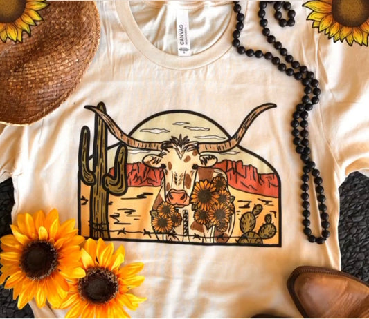 Desert Sunshine Longhorn Tee - bull, cactus, cactus tee, cowgirl, desert, desert scene, graohictee, graphic tee, graphic tees, longhorn, longhorn bull, longhorn cow, longhorn tee, longhorna, longhorns, southwestern, steer, sunshine, tee, tee shirt, tees, teeshirt, unisex, unisex fit, unisex shirt, western, western tee, westerngraphictee -  - Baha Ranch Western Wear