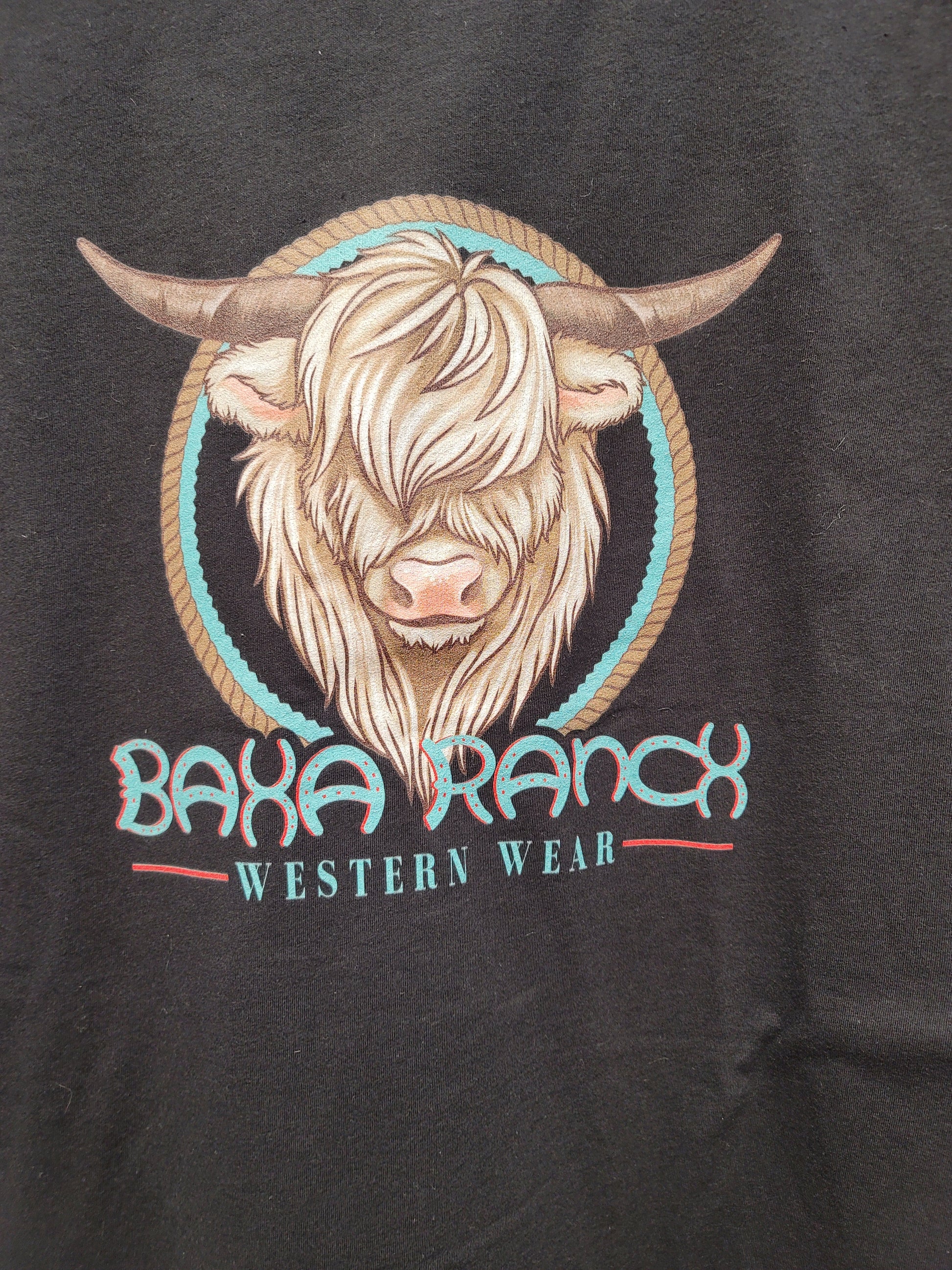 Baha Ranch Highland Cow Tee - baha, baha ranch, baha ranch logo, black, black tee, cowboy, cowgirl, graphic, graphic tee, highland, highland cow, highland cows, highlandcows, highlander, highlands, southwestern, tee, tee shirt, tshirt, western -  - Baha Ranch Western Wear