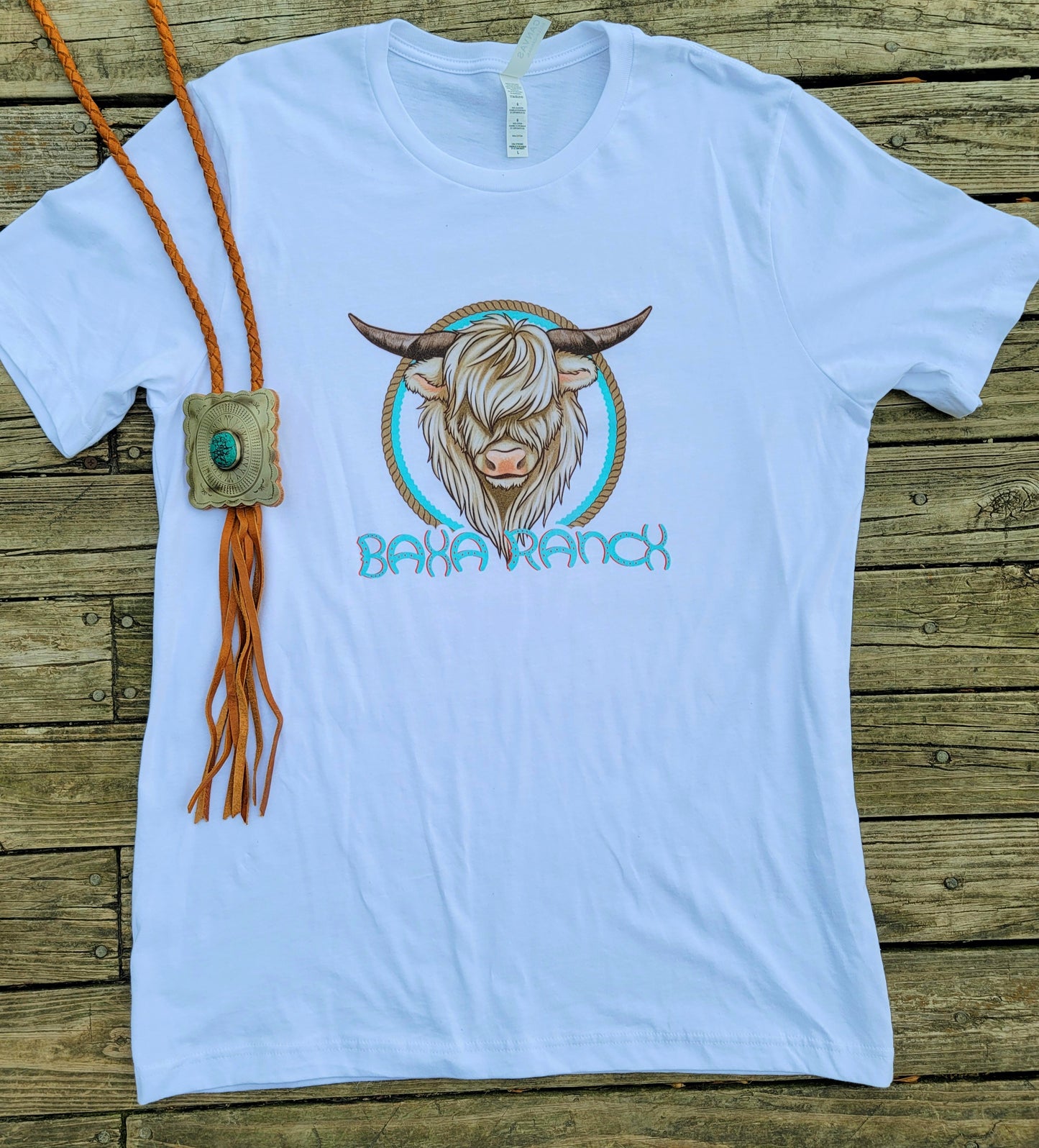 Baha Ranch Highland Cow Tee - baha, baha ranch, baha ranch logo, cow, cowgirl, cows, highland, highland cow, highland cows, highlandbull, highlandcattle, highlandcow, highlandcows, highlander, highlanders, highlands, southwestern, tee, tshirt, unisex, unisex fit, unisex shirt, western, white, white tee -  - Baha Ranch Western Wear