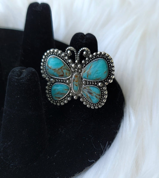 Turquoise Butterfly Ring - #wholesaleacc, butterfly, jewelry, ring, silver, silver tone, silvertone, southwestern, turquoise, turquoise accen, turquoise accent, turquoise accents, turquoise butterfly, western, western jewelry -  - Baha Ranch Western Wear