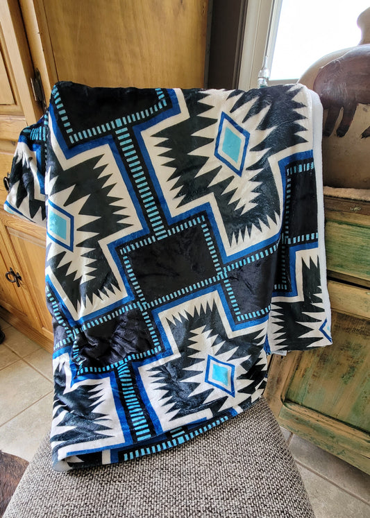 Turquoise Aztec Cross Throw Blanket 60" x 80" - blanket, cross, home decor, southwest cross, throw blanket, turquoise cross, western - Throw Blanket - Baha Ranch Western Wear