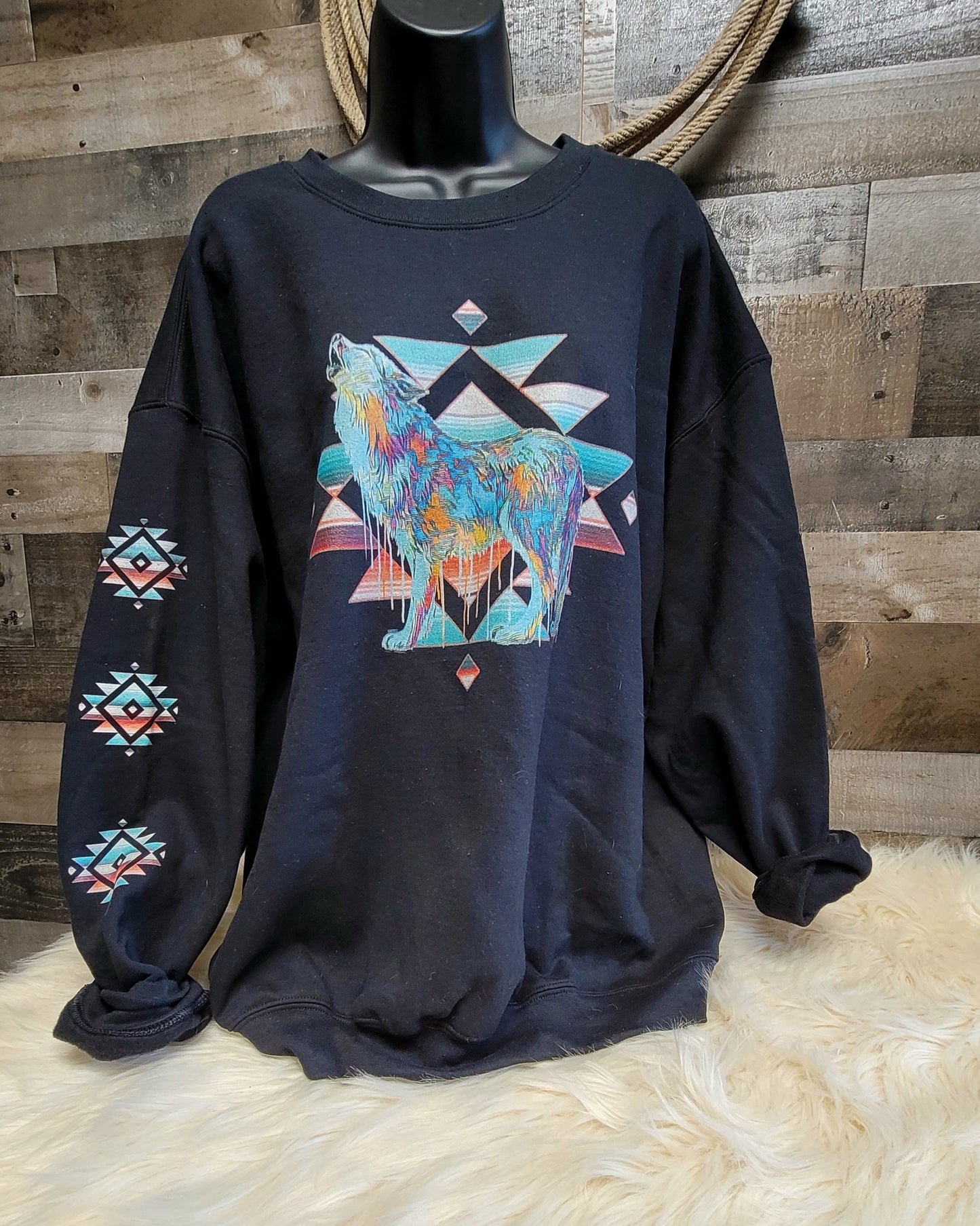 Aztec Wolf Unisex Sweatshirt- Choice of Colors - aztec, aztec print, aztecs, sweat shirt, sweatshirt, unisex, western wear, wolf, wolf design, wolf print -  - Baha Ranch Western Wear