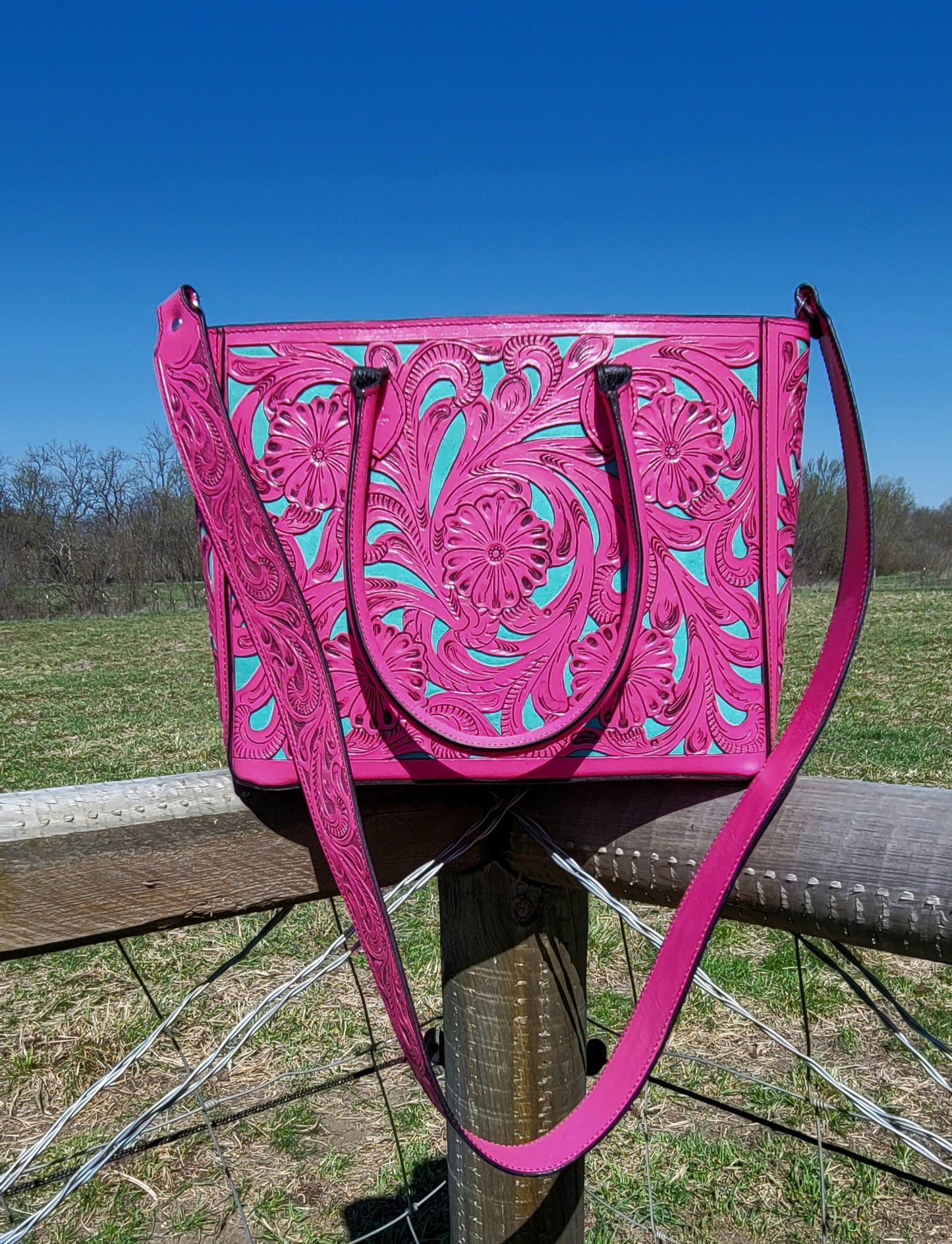 Tooled Leather Tote in Neon Pink & Turquoise