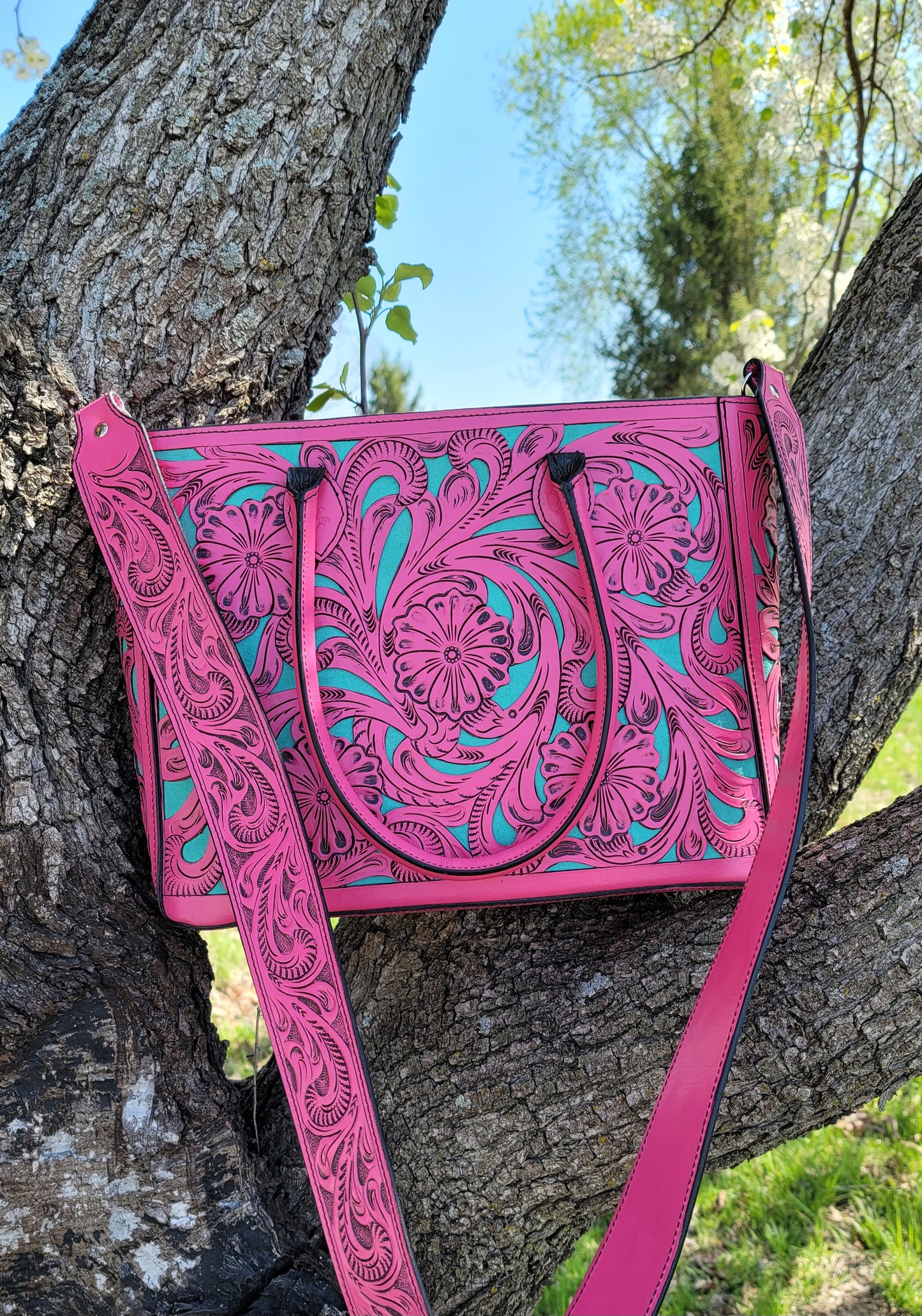 Tooled Leather Tote in Neon Pink & Turquoise