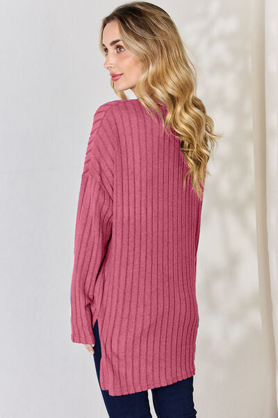 Basic Bae Full Size Ribbed Half Button Long Sleeve High-Low Tunic choice of colors