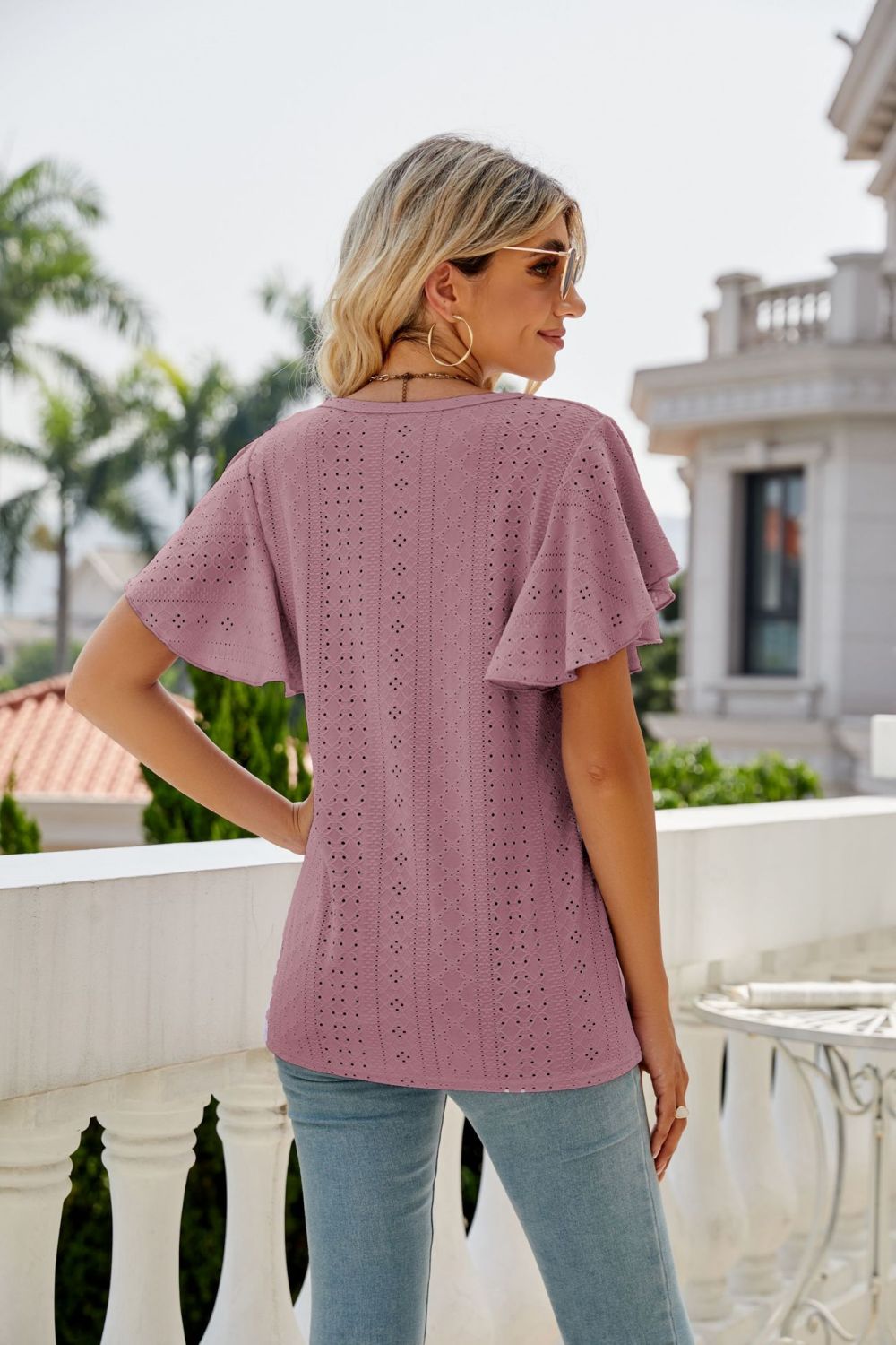 Eyelet Flutter Sleeve Round Neck Top  choice of colors