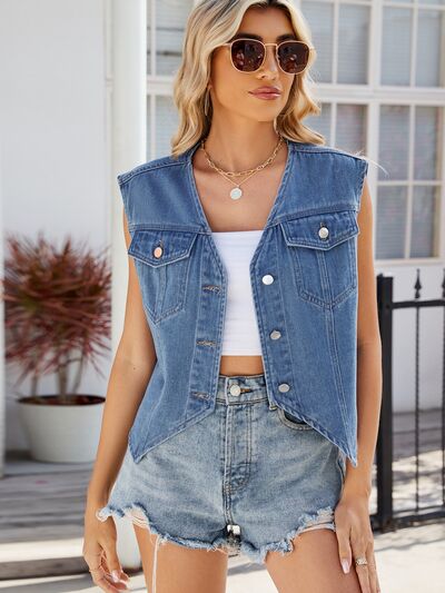 Western Inspired Pocketed Button Up Sleeveless Denim Vest Jacket