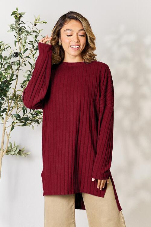 Basic Bae Ribbed Round Neck Long Sleeve Slit TunicTop choice of colors