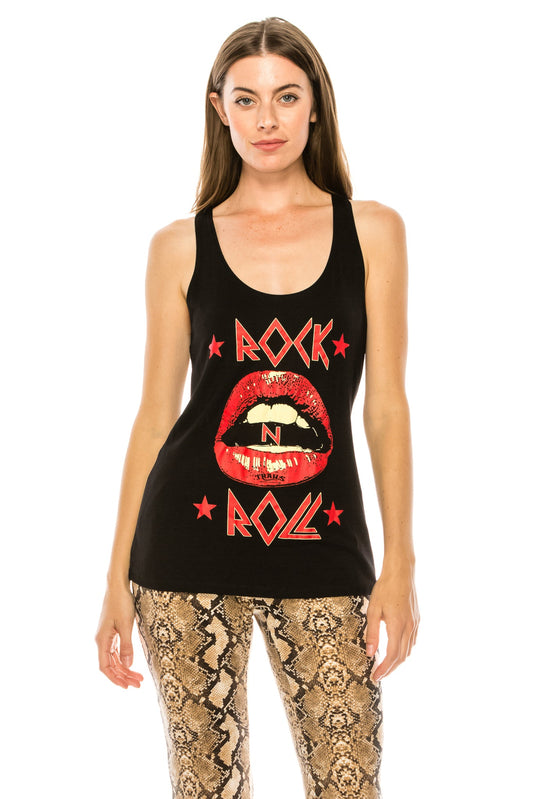 Rock N Roll Lips Tank - and, ATTITUDE, beth, COUNTRY, COWGIRL, GIRL, HOWDY, lips, PLUS, rip, rock, rocker, RODEO, roll, SIZE, SUMMER, TANK, TOP, TOPO, WESTERN, yellowstone - Shirts & Tops - Baha Ranch Western Wear