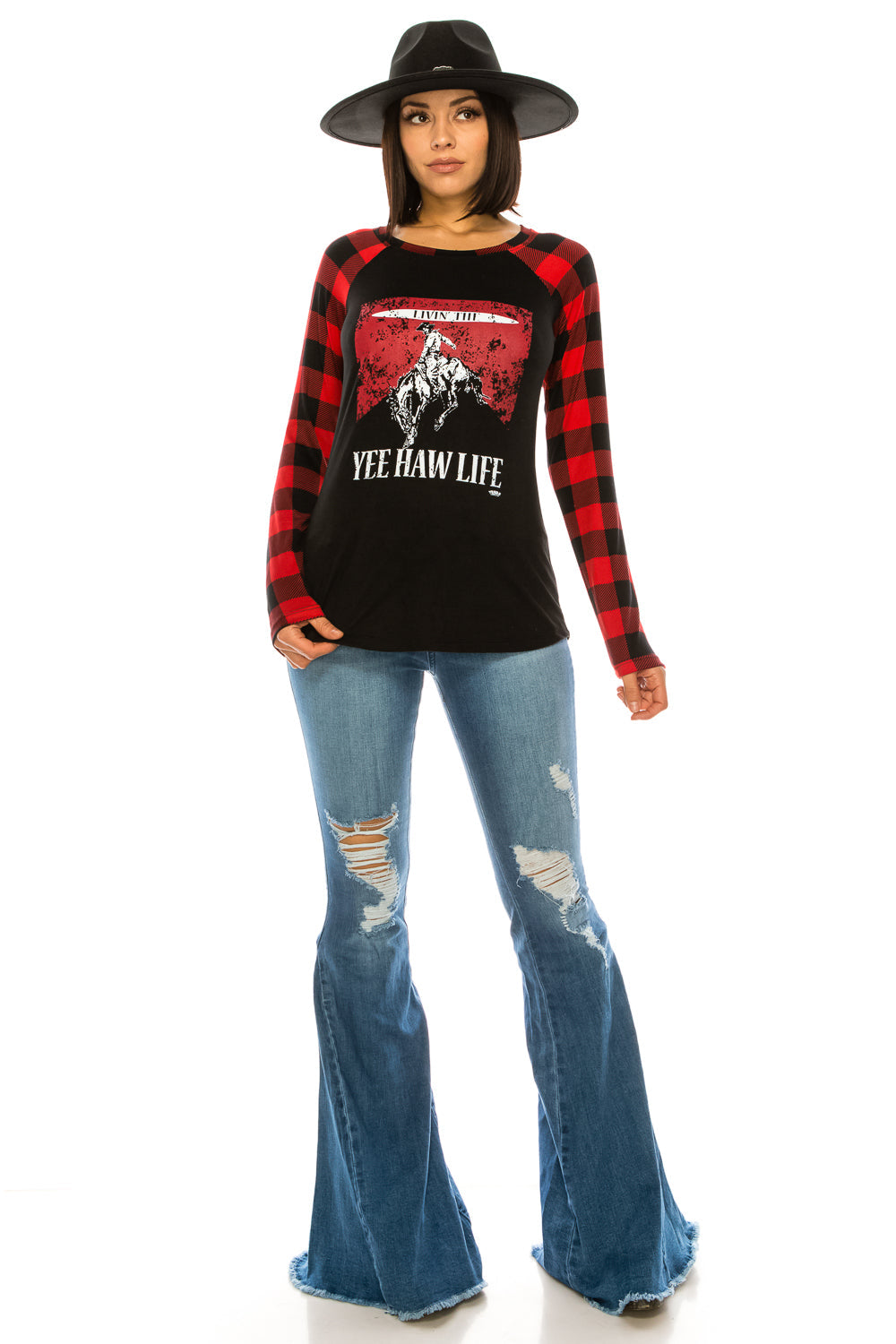 Livin the Yeehaw Life Raglan Shirt - ATTITUDE, bent, beth, bound, bronc, bronc rider, buffalo plaid, COUNTRY, COWGIRL, GIRL, haw, hell, HOWDY, plaid, PLUS, rip, RODEO, SIZE, smooth, SUMMER, TANK, tennessee, TOP, TOPO, WESTERN, yee, yeehaw -  - Baha Ranch Western Wear