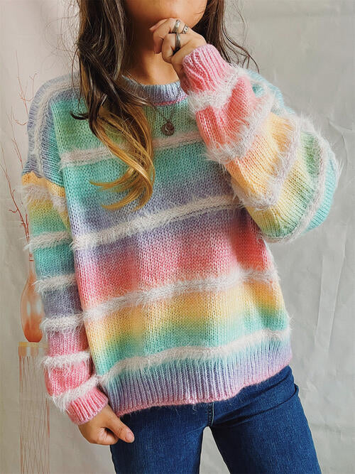 Striped Round Neck Long Sleeve Sweater choice of colors