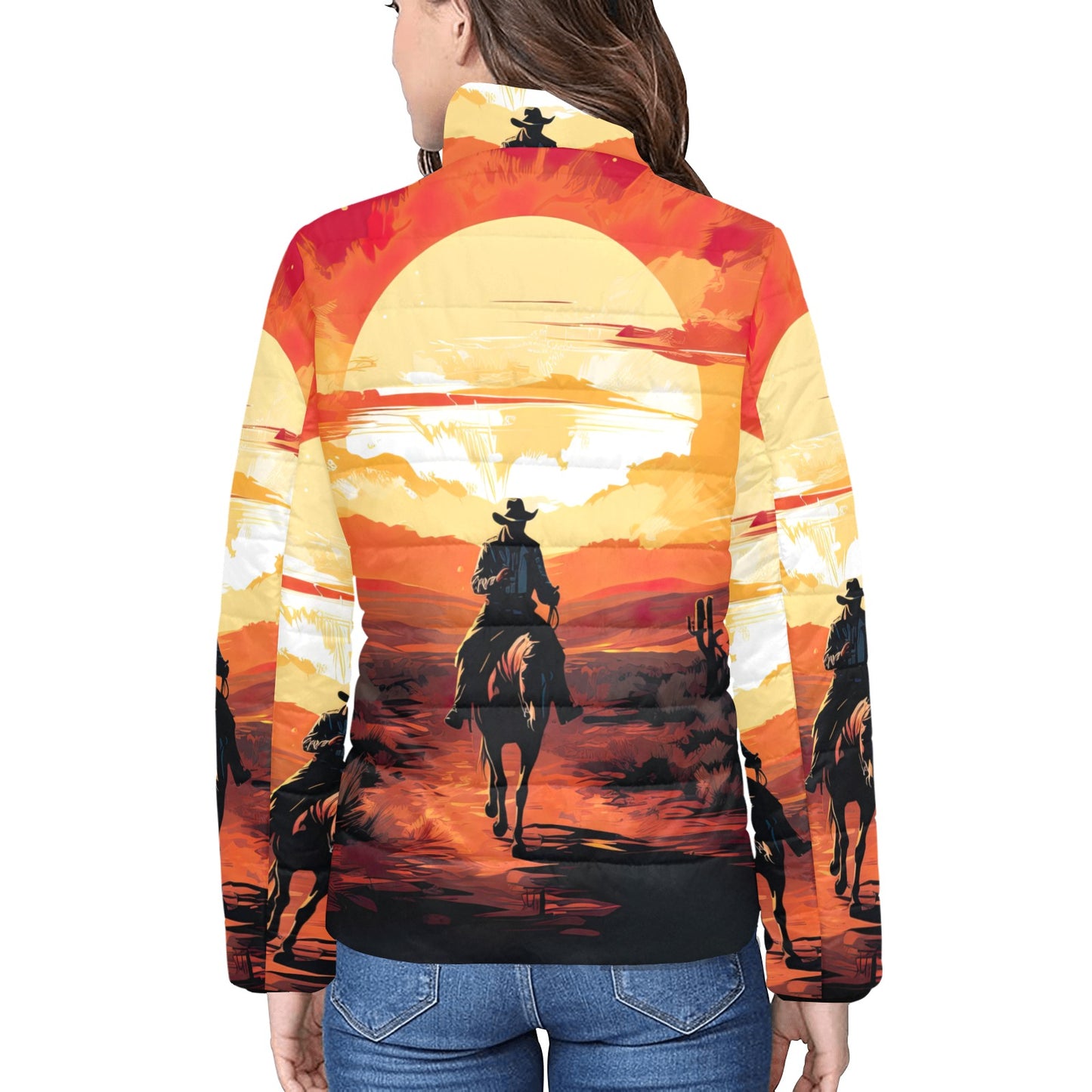 Sunset Cowboy Desert Women's Puffy Bomber Jacket