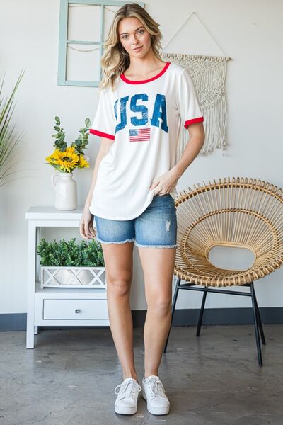 USA Print Contrast Trim Short Sleeve T-Shirt