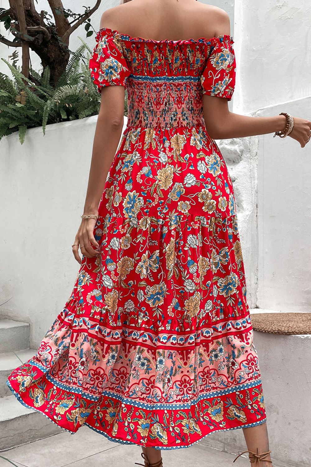 Floral Off-Shoulder Smocked Midi Dress Deep Red / XL