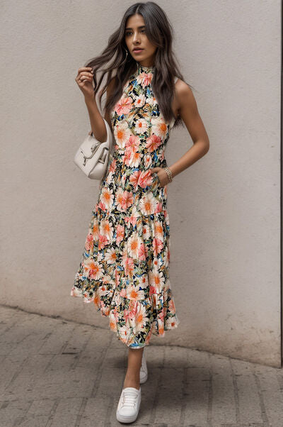 Country Girl Floral Tiered Pocketed Mock Neck Midi Dress
