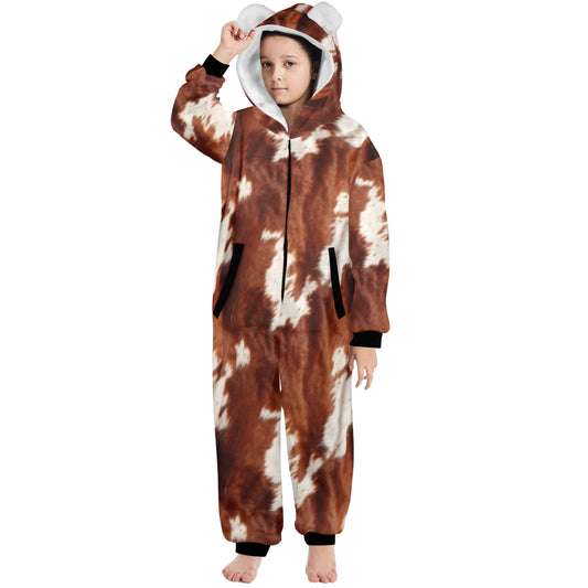 Big Kids Cow Print Pajama Hooded Onesie