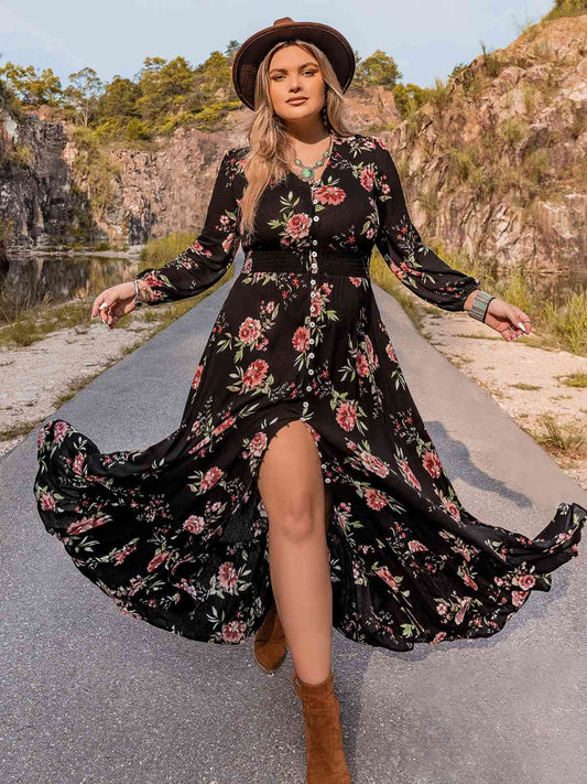 Bohemian Floral Western Plus Size V-Neck Front Slit Dress